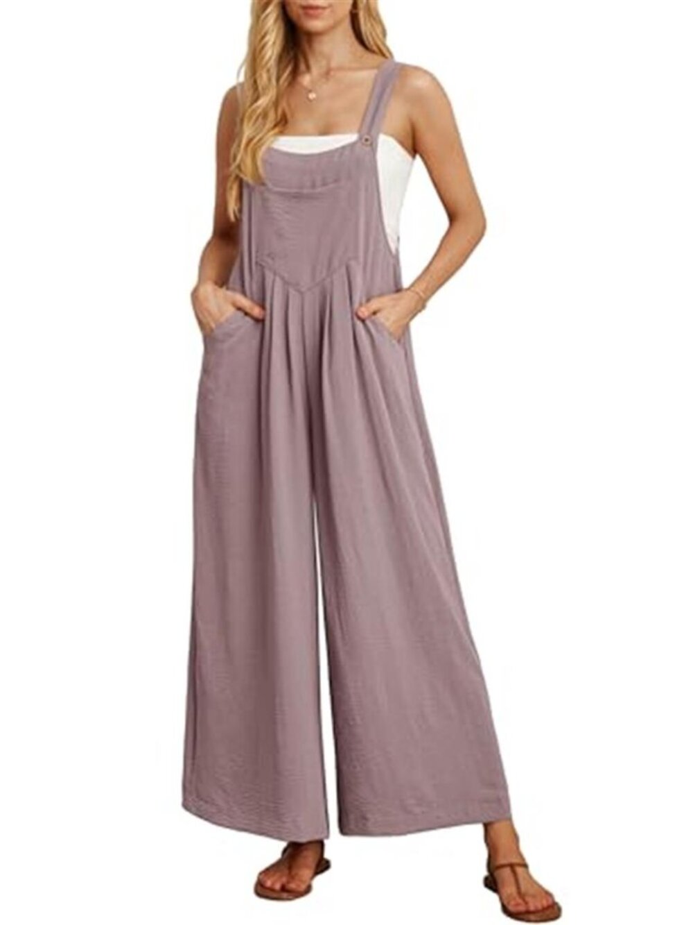 Womens Wide Leg Jumpsuit Sleeveless Overalls Casual Romper With Pockets